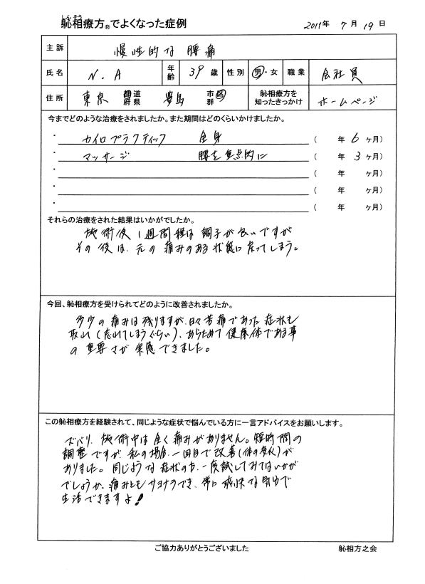 慢性的な腰痛が改善した方の喜びの声（口コミ）