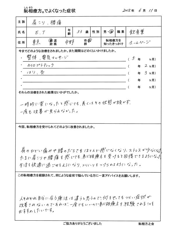 肩こり、腰痛が改善した方の喜びの声（口コミ）