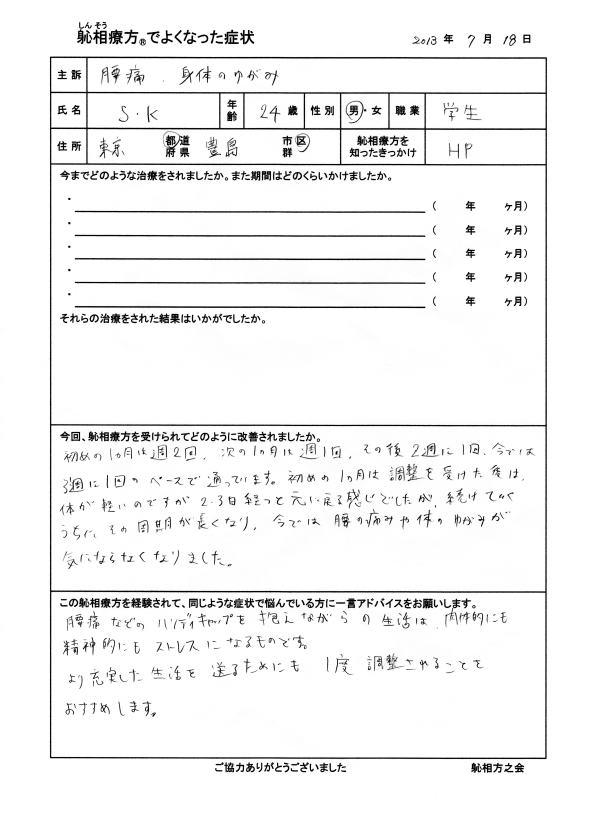 腰痛、身体のゆがみが改善した方の喜びの声（口コミ）