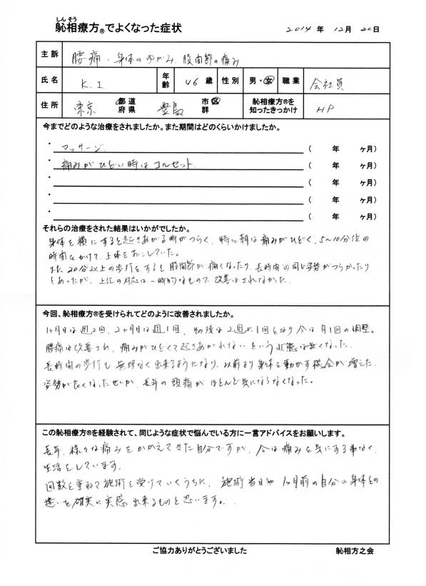 腰痛、身体のゆがみ、股関節の痛み、頭痛が改善した方の喜びの声（口コミ）